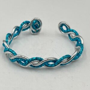 Vintage Handmade Blue Braided Bangle Bracelet - Twisted Silver Teal Jewelry Gift